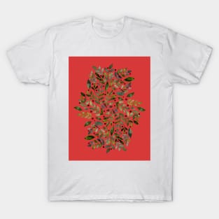 Seasonal branches and berries - green on red T-Shirt